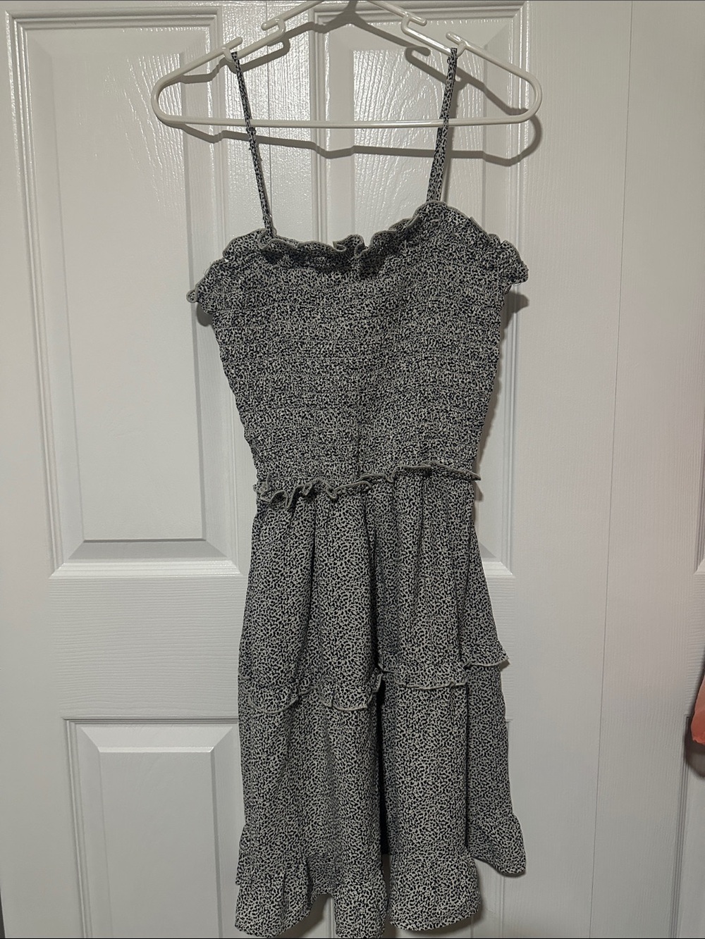 Junior’s Black & White Smocked Tiered Dress with Ruffles